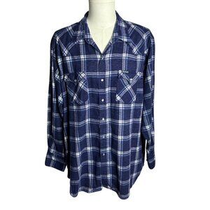 Vintage 90s Dickies Pearl Snap Western Shirt 2LX Blue Plaid Flannel Long Sleeve